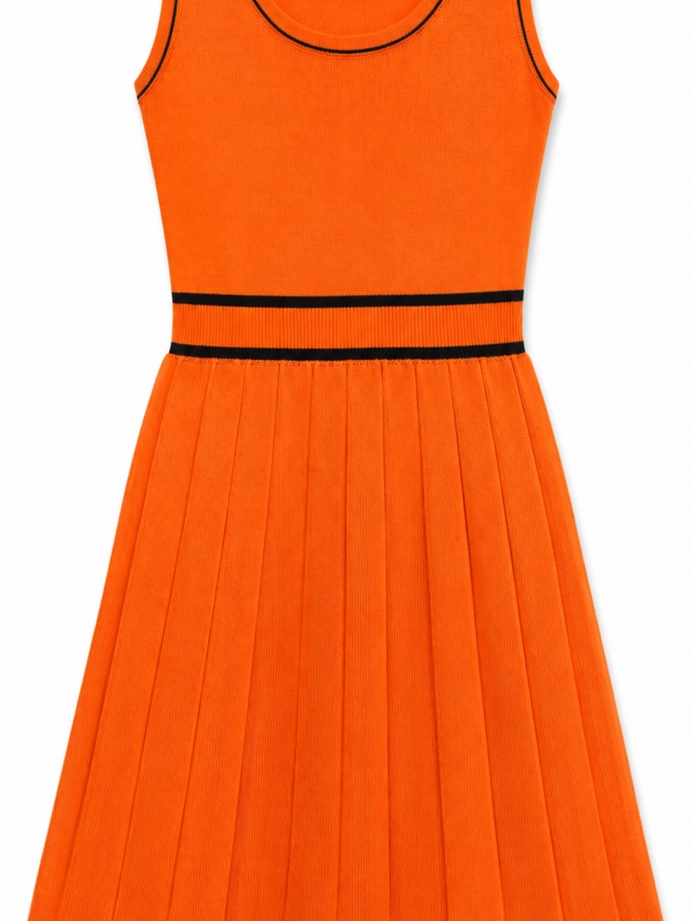 Girls' Sleeveless Orange Pleated Knit Dress with Black Trim